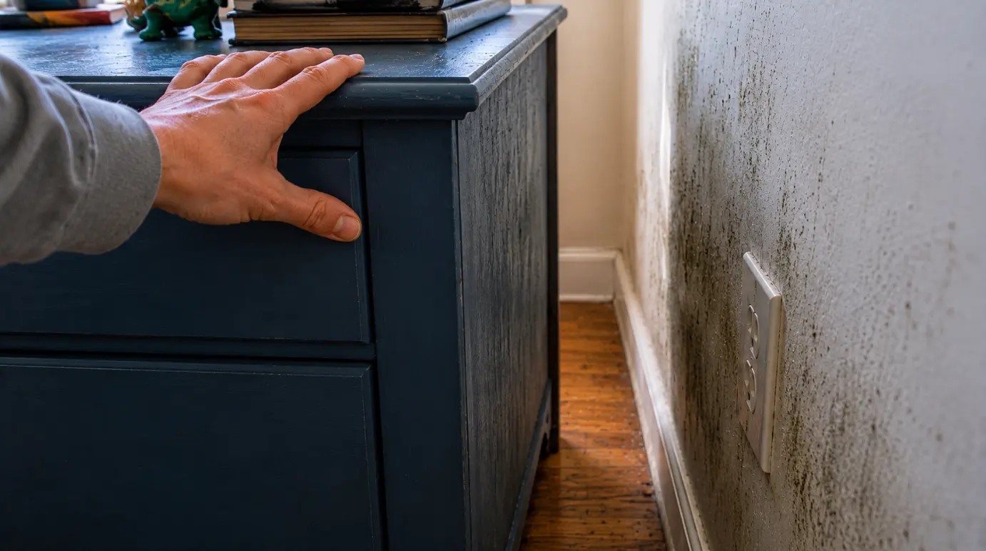 A hand pulling a small dresser away from a bedroom wall to inspect behind it
