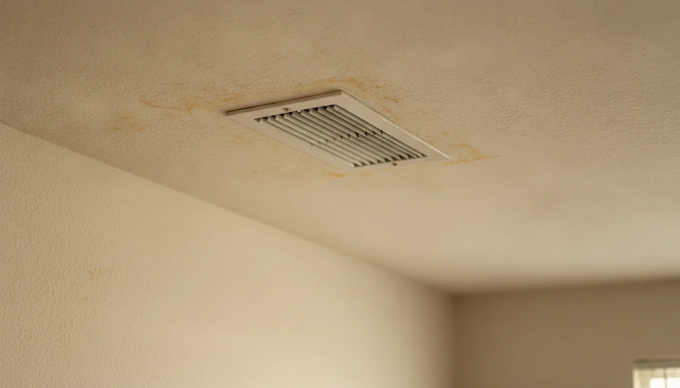 Ceiling air-conditioning vent in a Fort Lauderdale home with brown moisture staining spread across the surrounding ceiling