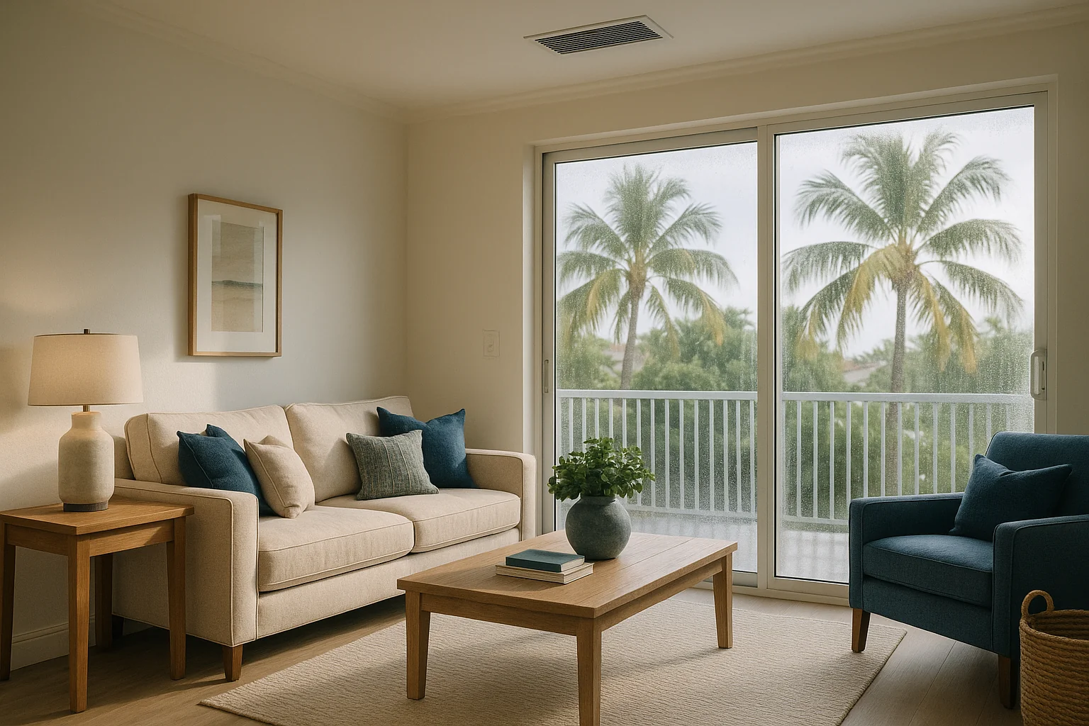 Sunlit Fort Lauderdale living room with a ceiling air-conditioning register and a window showing palms and bright coastal light