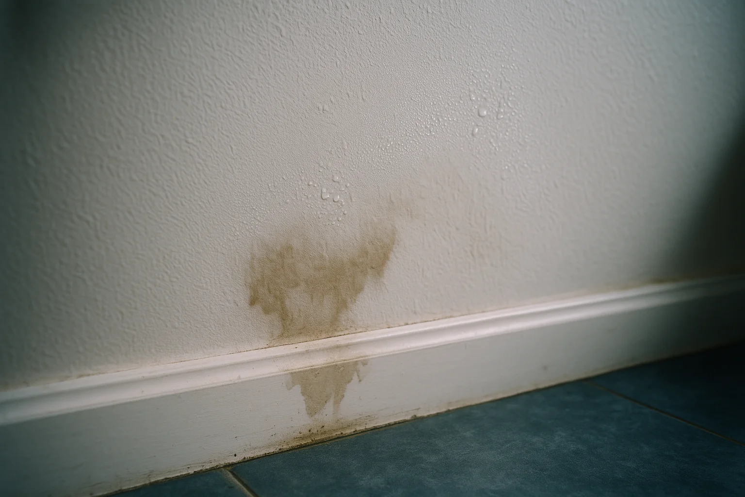 Water stain and condensation spreading on interior drywall near a baseboard in a humid Fort Lauderdale home
