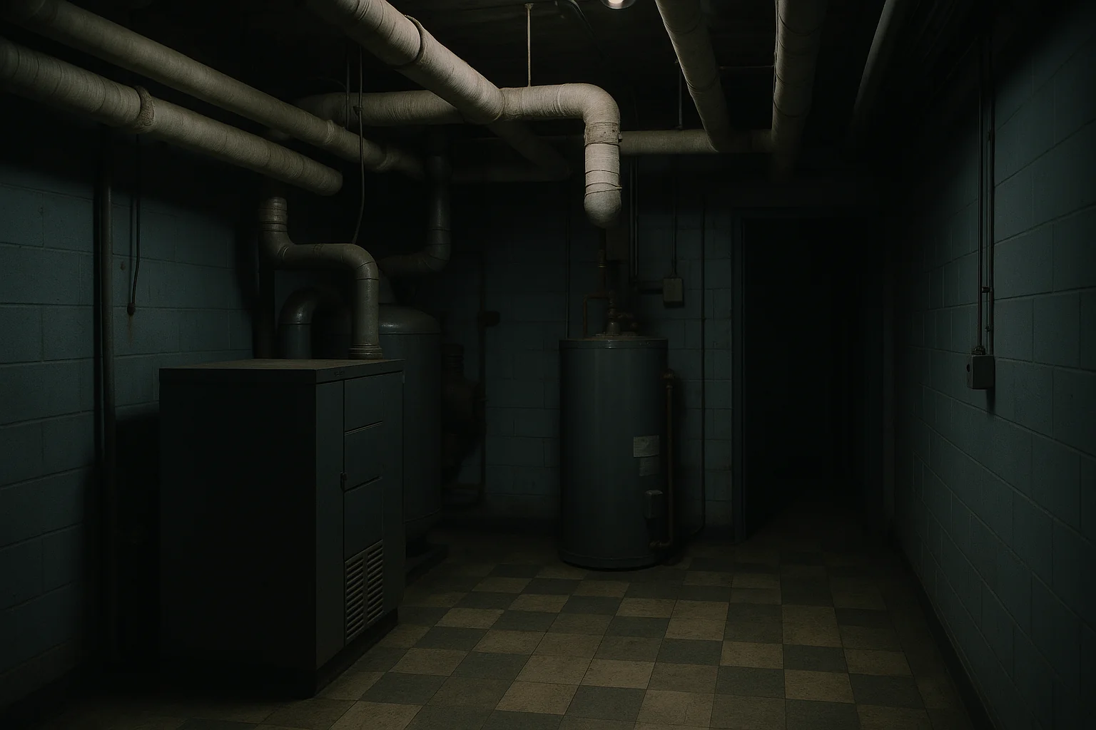 Wrapped overhead pipe insulation and utility tanks in a dim mechanical room with checkered floor tile in an older commercial building
