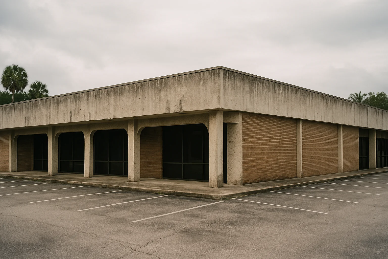 Exterior of an older low-rise commercial building with a weathered concrete and brick facade under an overcast Florida sky