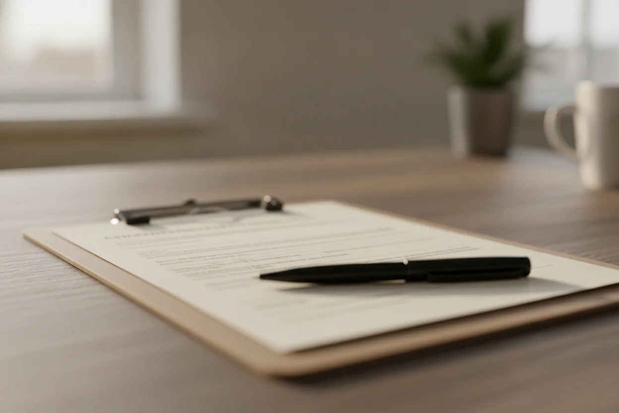 A clipboard holding a printed form with a pen resting on top, on a desk with a coffee mug and a potted plant nearby