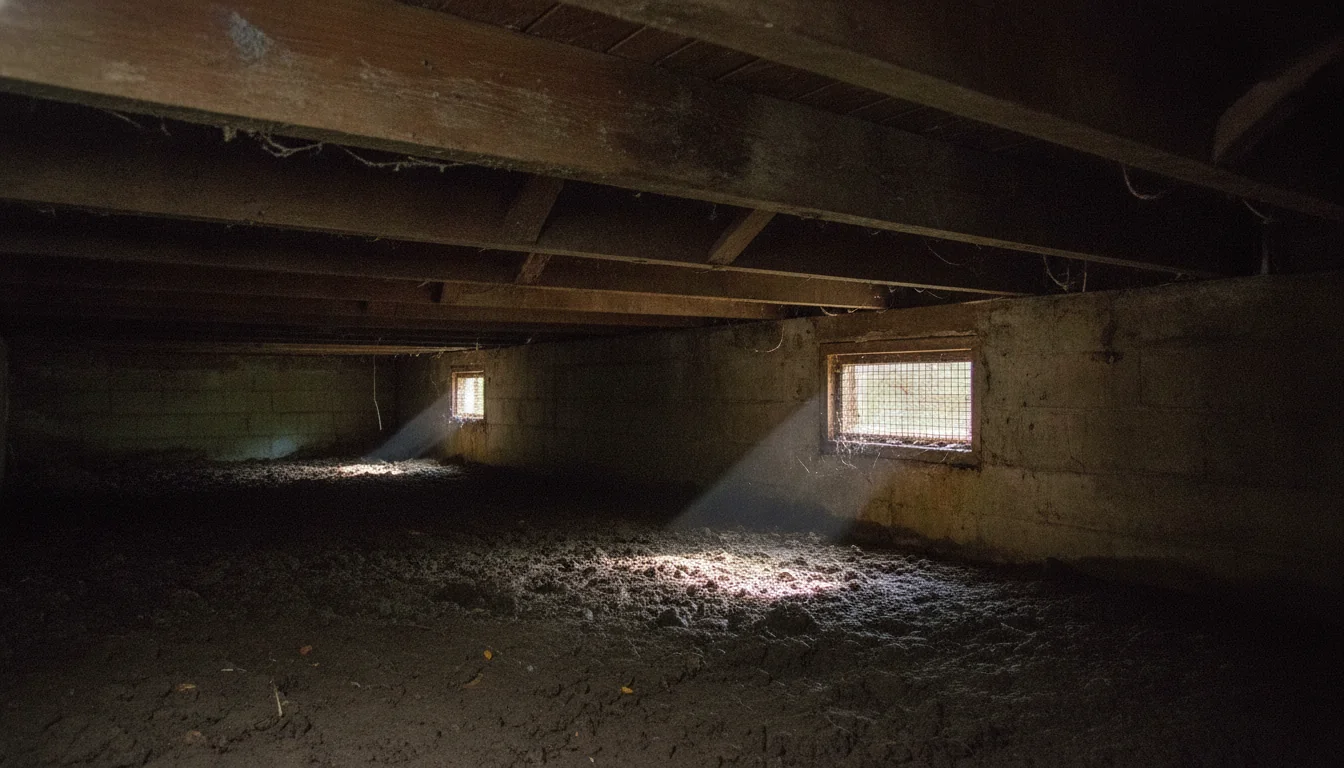 Dim ventilated crawl space beneath an older raised Jacksonville home showing wood floor joists, concrete block walls, and daylight through the foundation vents