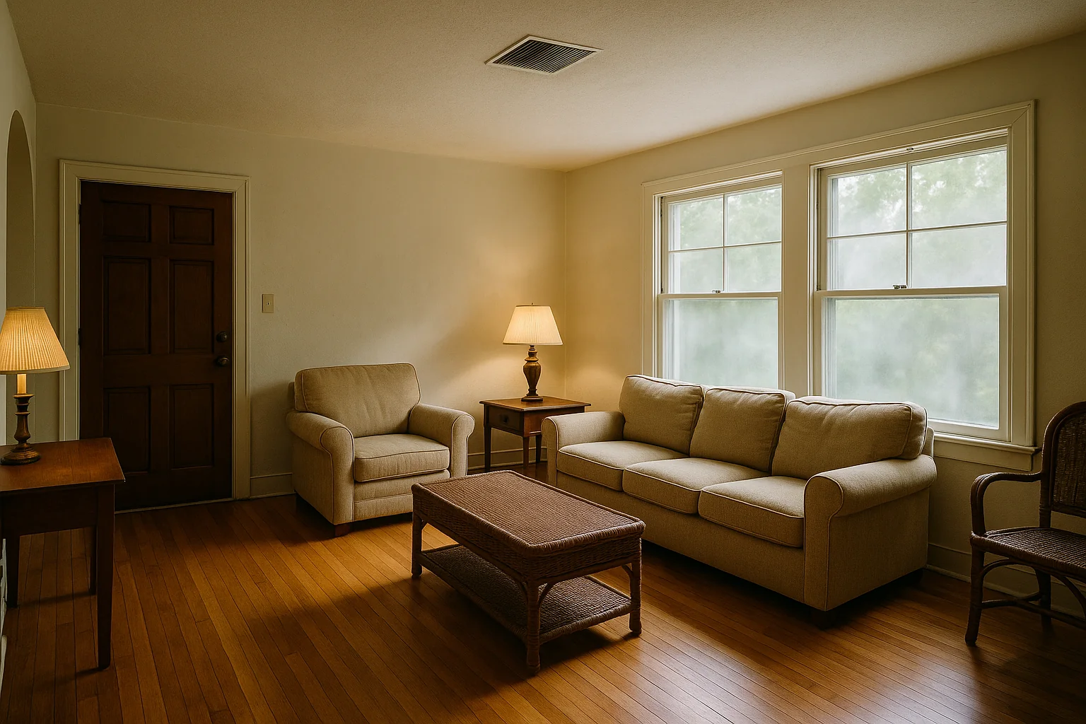 Warmly lit older Jacksonville living room with wood floors, a ceiling air-conditioning register, and hazy light through the windows