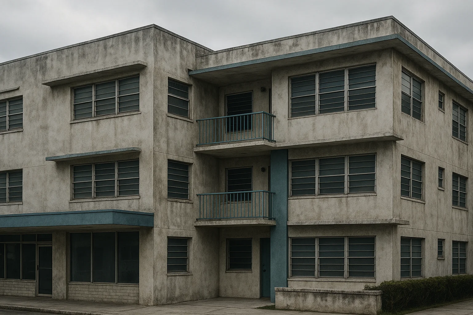 Weathered older Miami commercial building exterior, mid-century masonry and stucco, before renovation