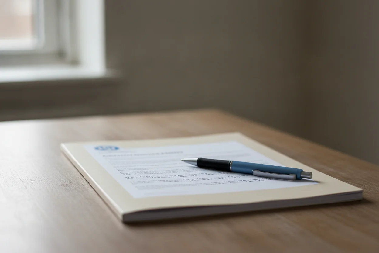 Printed laboratory report with a blue header logo resting on a desk, a pen on top, soft window light behind