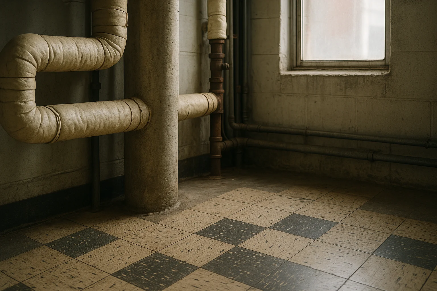 Aged floor tile and old wrapped pipe insulation in an older Florida building utility room, materials that may contain asbestos