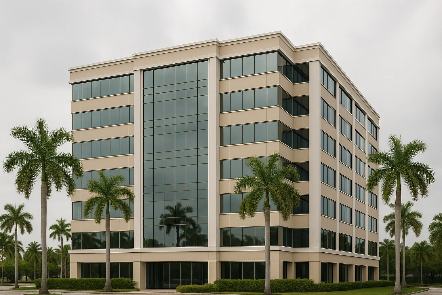 Exterior of a mid-rise commercial office building in Miami under a bright humid sky