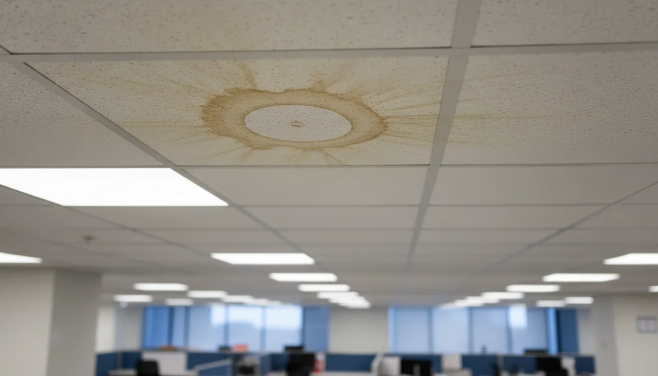 Water stain ring on an office drop ceiling tile, with rows of workstations visible below through an open office layout