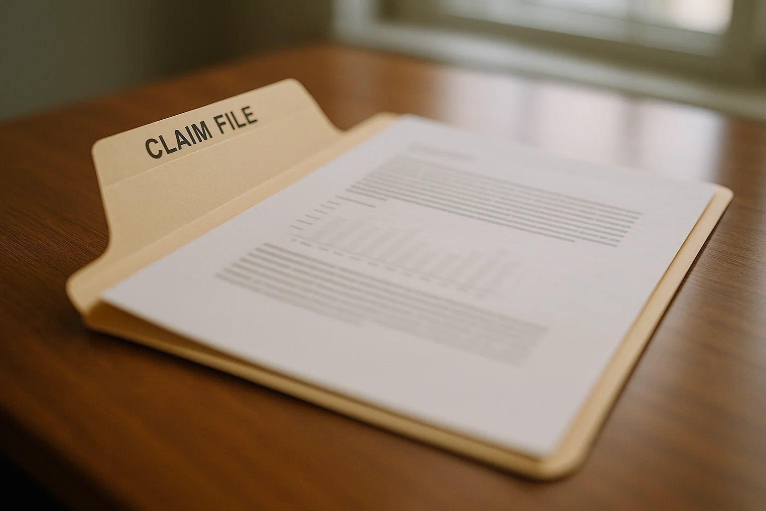 Printed report with a data chart resting in an open manila folder labeled Claim File on a wood desk near a window, document text out of focus