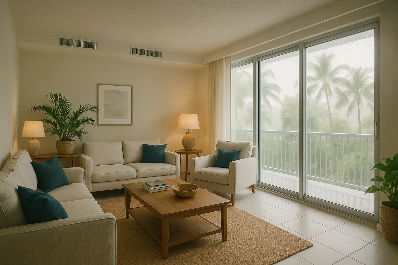 Bright high-humidity Miami living room with central-air ceiling vents and condensation on a large window