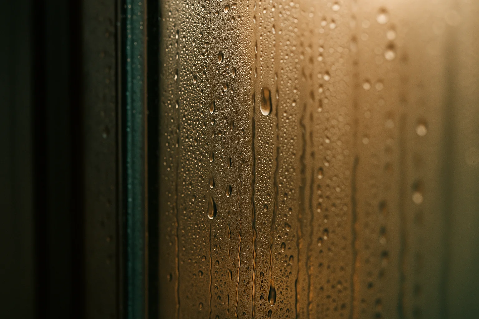 Condensation and water droplets on the inside of a sliding glass door in warm indoor light
