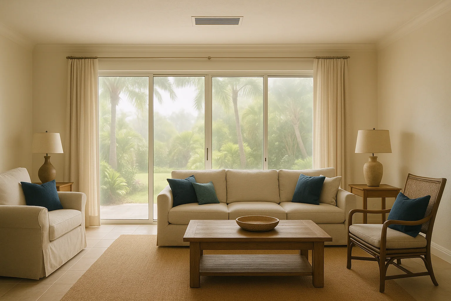 Bright coastal Naples living room with a ceiling air-conditioning register and sliding glass doors to green landscaping