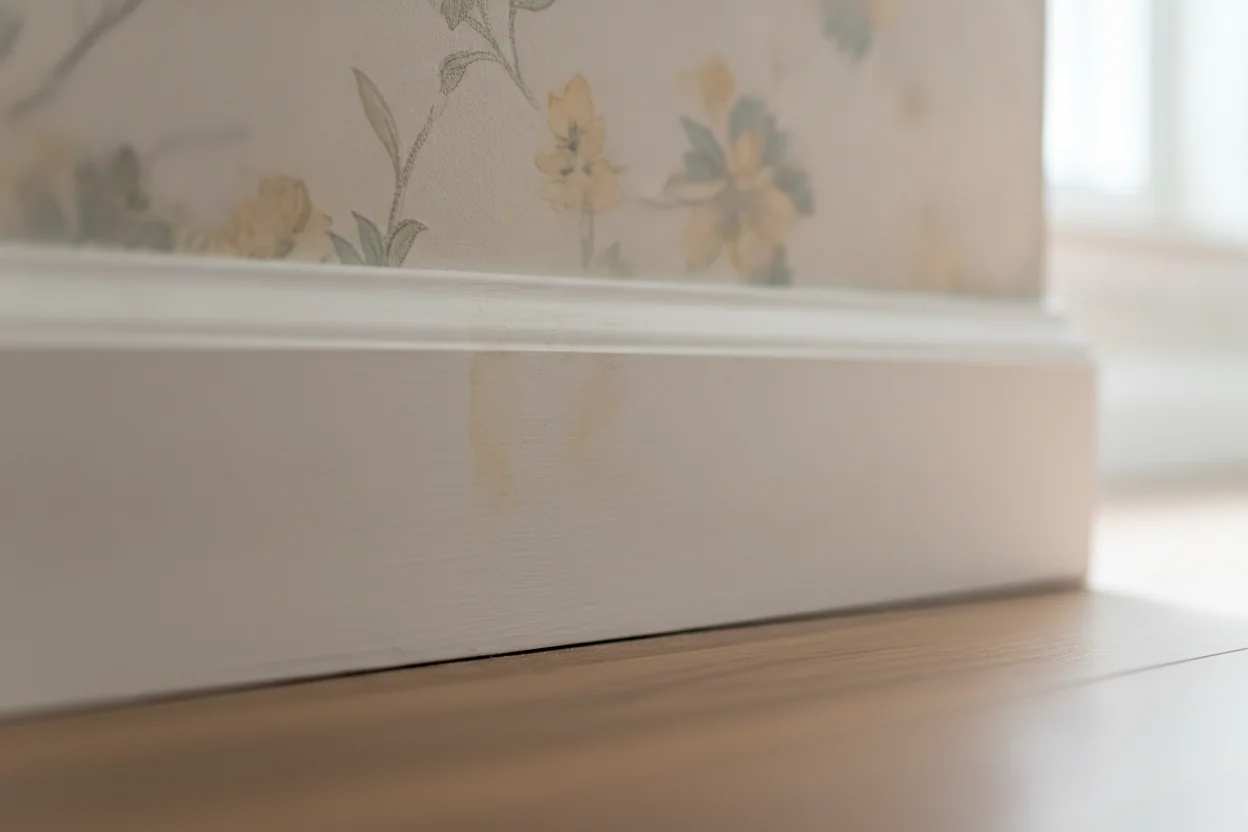 Water stain on a painted baseboard beneath floral wallpaper, with a gap where the baseboard meets the wood floor