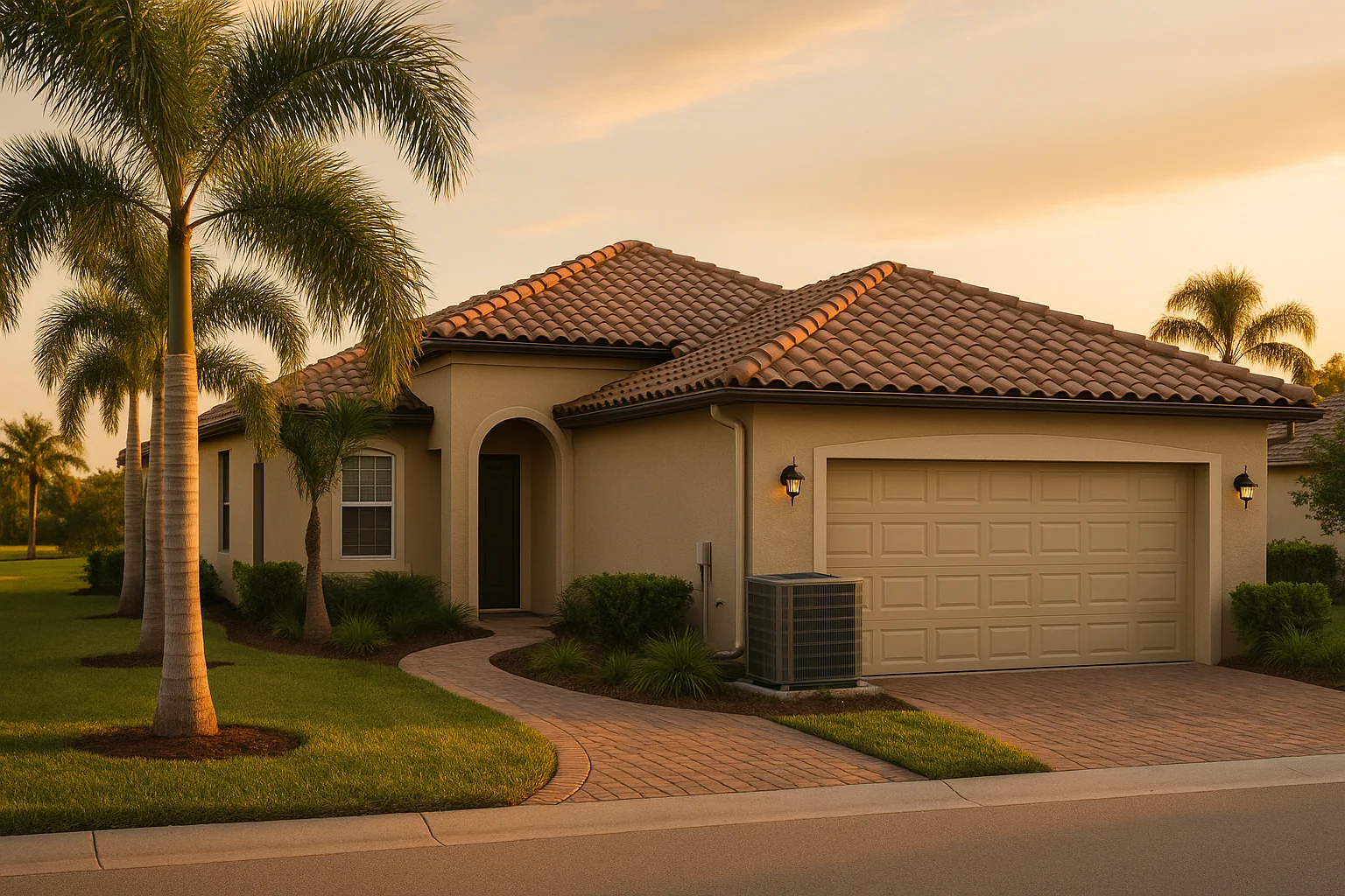 Single-story Naples Florida home with a tile roof and central-air condenser unit beside a palm-lined driveway