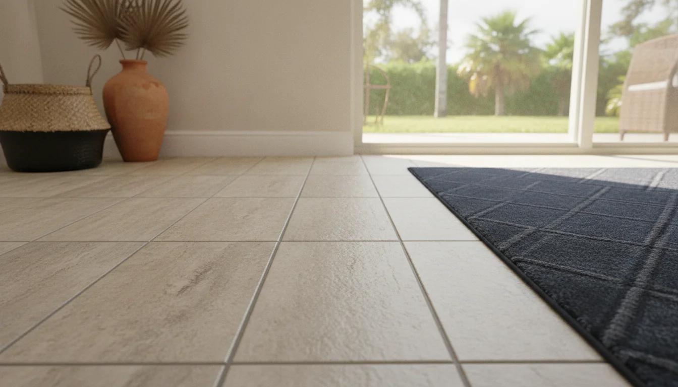 Close-up of a tiled floor and entry rug inside a Florida home, with a patio door open to a landscaped backyard