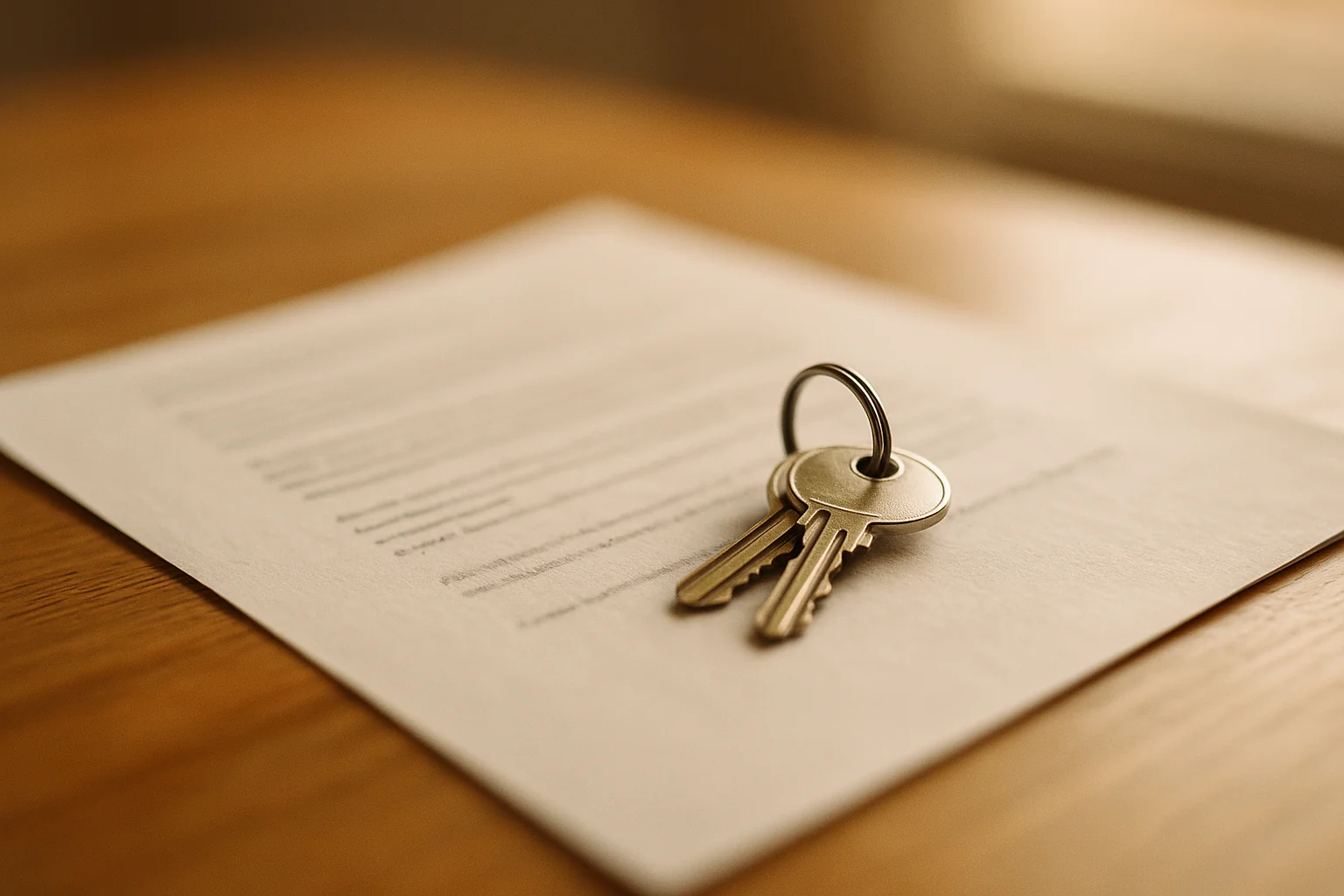 A set of house keys resting on a printed home inspection document on a wooden desk in warm daylight