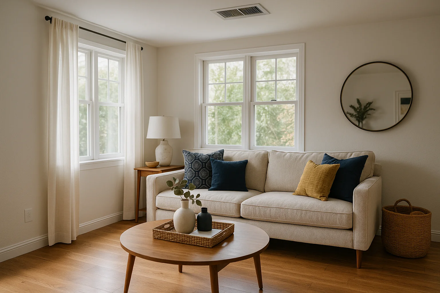 Bright American living room with a ceiling air-conditioning register and soft natural light coming through the windows