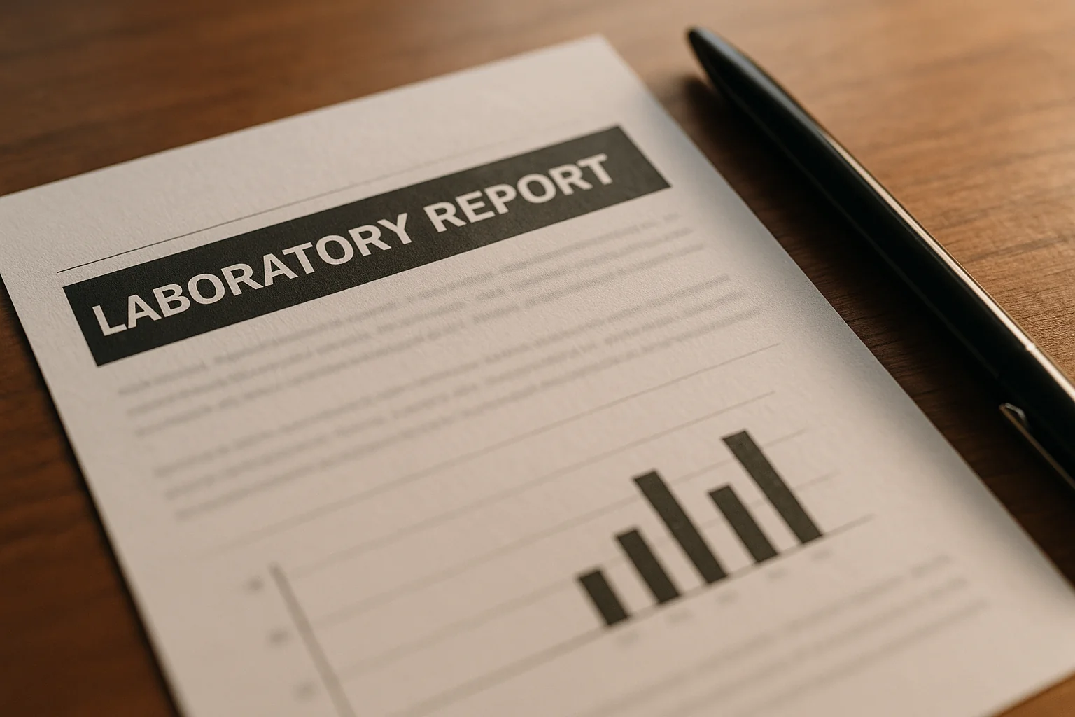 Printed laboratory report titled Laboratory Report with a results bar chart and a pen resting beside it on a wood desk, body text out of focus