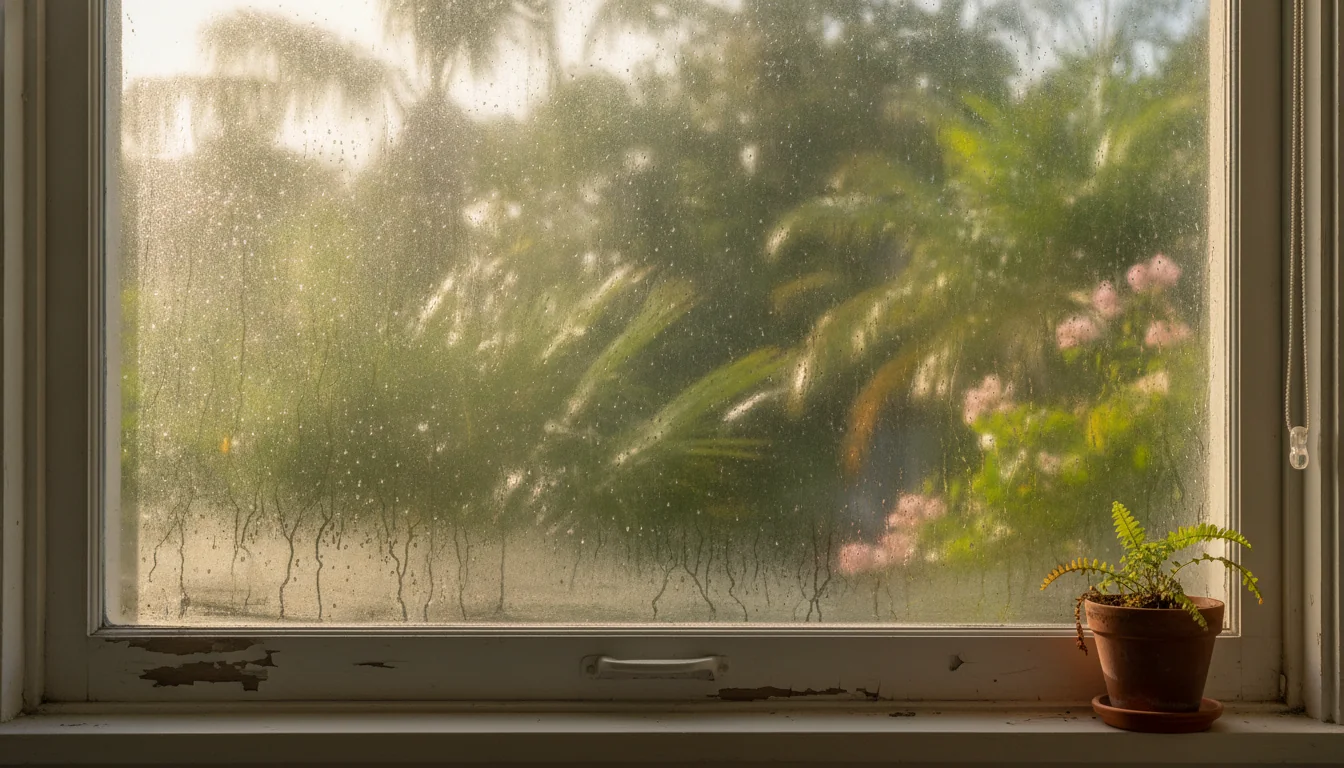 Humidity haze and condensation beading on an interior window pane, with a small potted fern on the sill and lush greenery visible outside