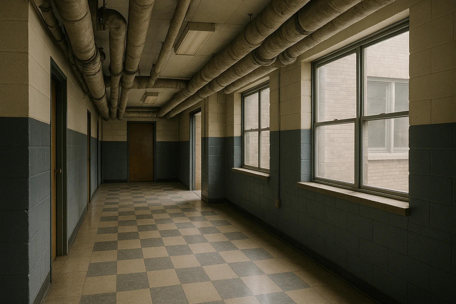 Interior of an older mid-century commercial building with exposed pipe insulation and vinyl floor tile, natural light