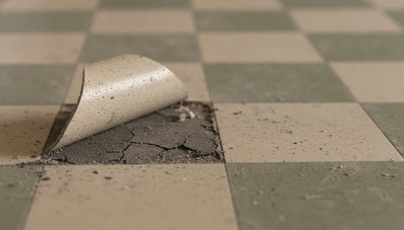 Close-up of a checkerboard vinyl floor tile peeling back to reveal cracked black mastic adhesive underneath, a suspect asbestos-containing material exposed during a building inspection