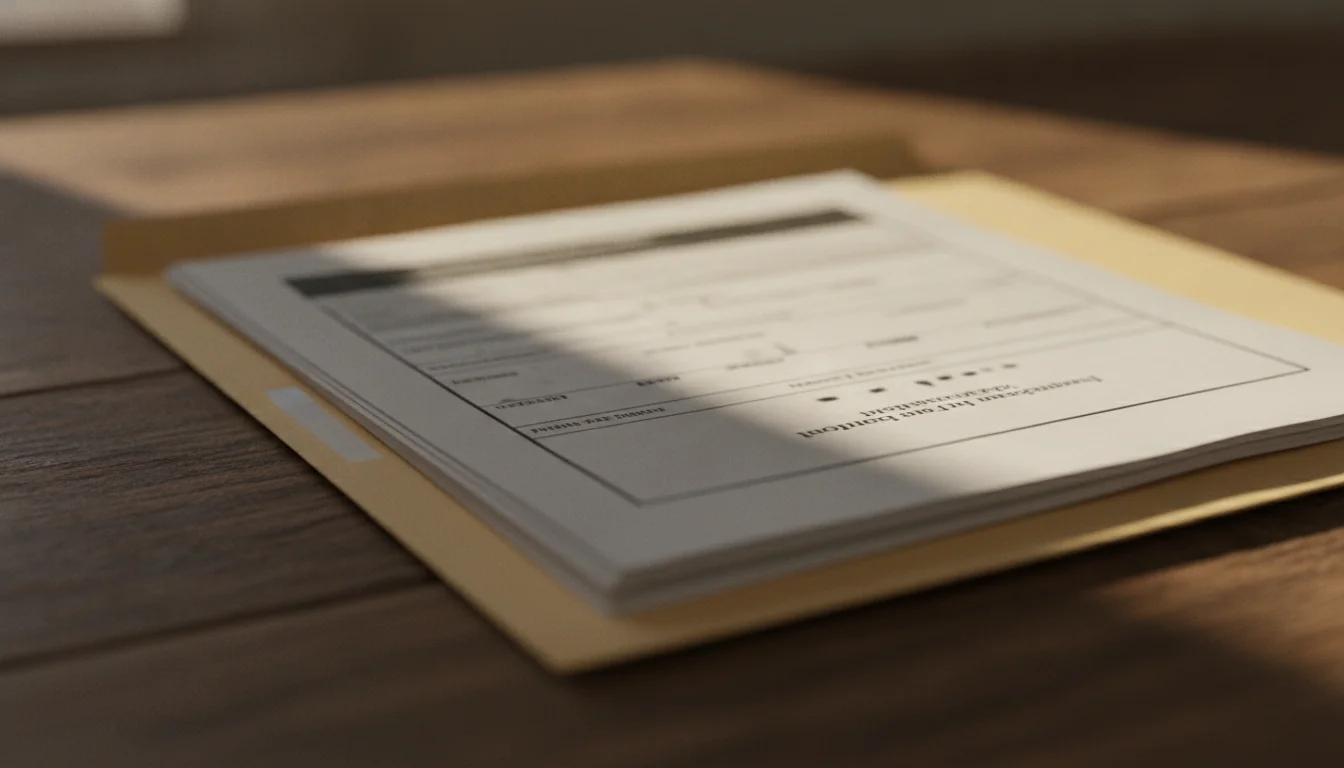 Defocused chain-of-custody sample paperwork resting on a manila folder on a wood desk, document text illegible