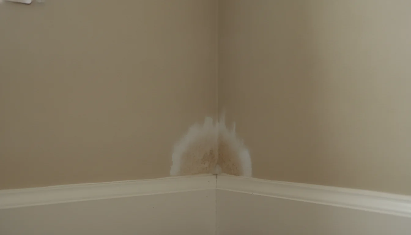 Close-up of a fan-shaped patch of mold growth spreading from a wall-ceiling corner down to the baseboard in a residential interior