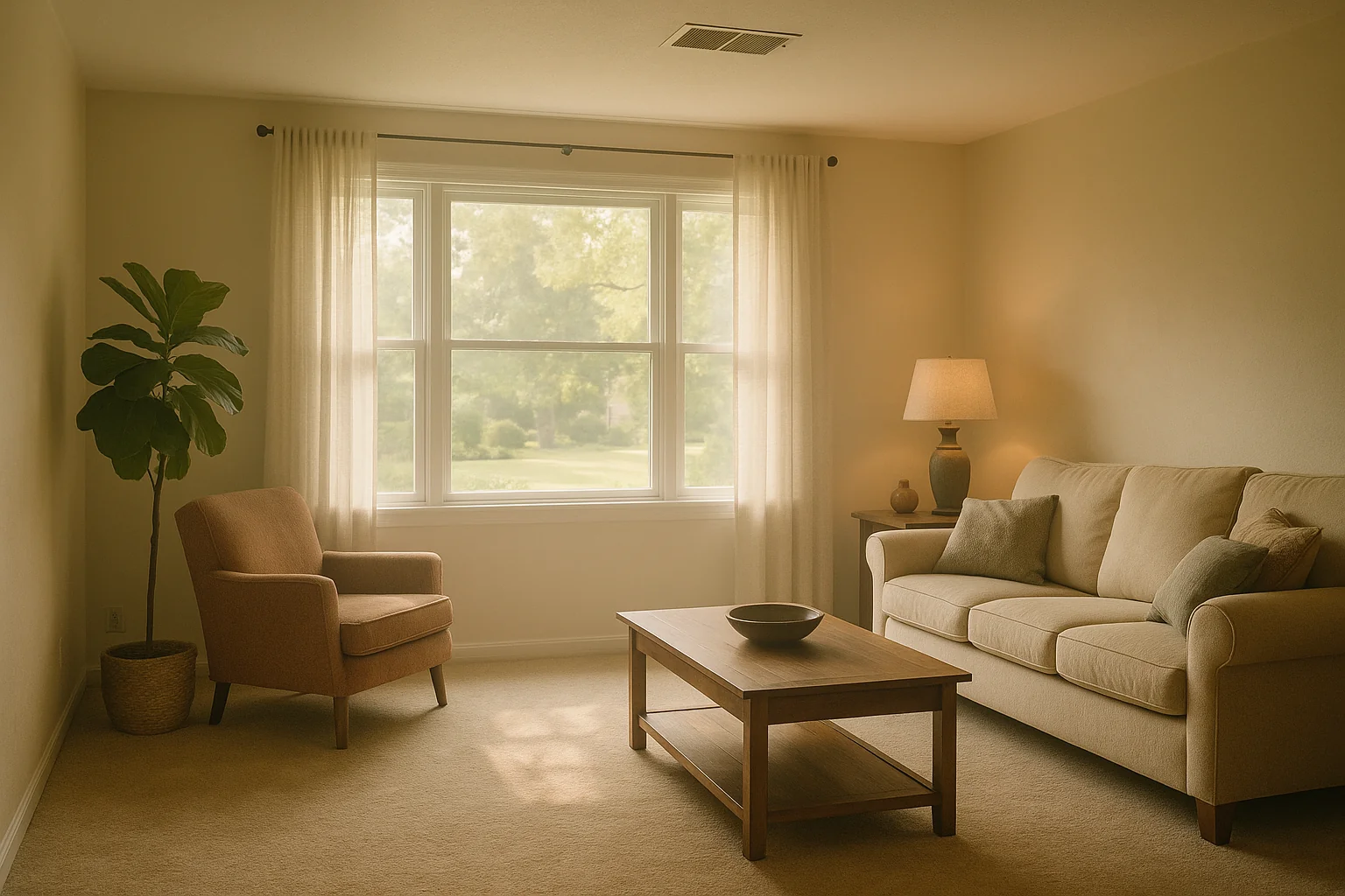 Sunlit American living room with a ceiling air-conditioning register and a window, humid summer light