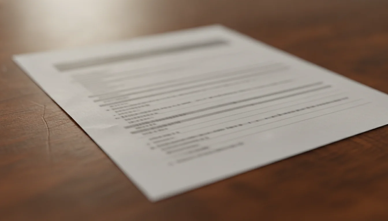 Printed laboratory report with rows of data, blurred out of focus, resting at an angle on a wood desk