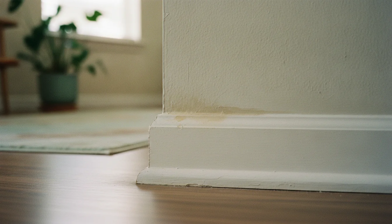 Water stain above a baseboard in an Orlando home, with a wood floor and a potted plant in the background