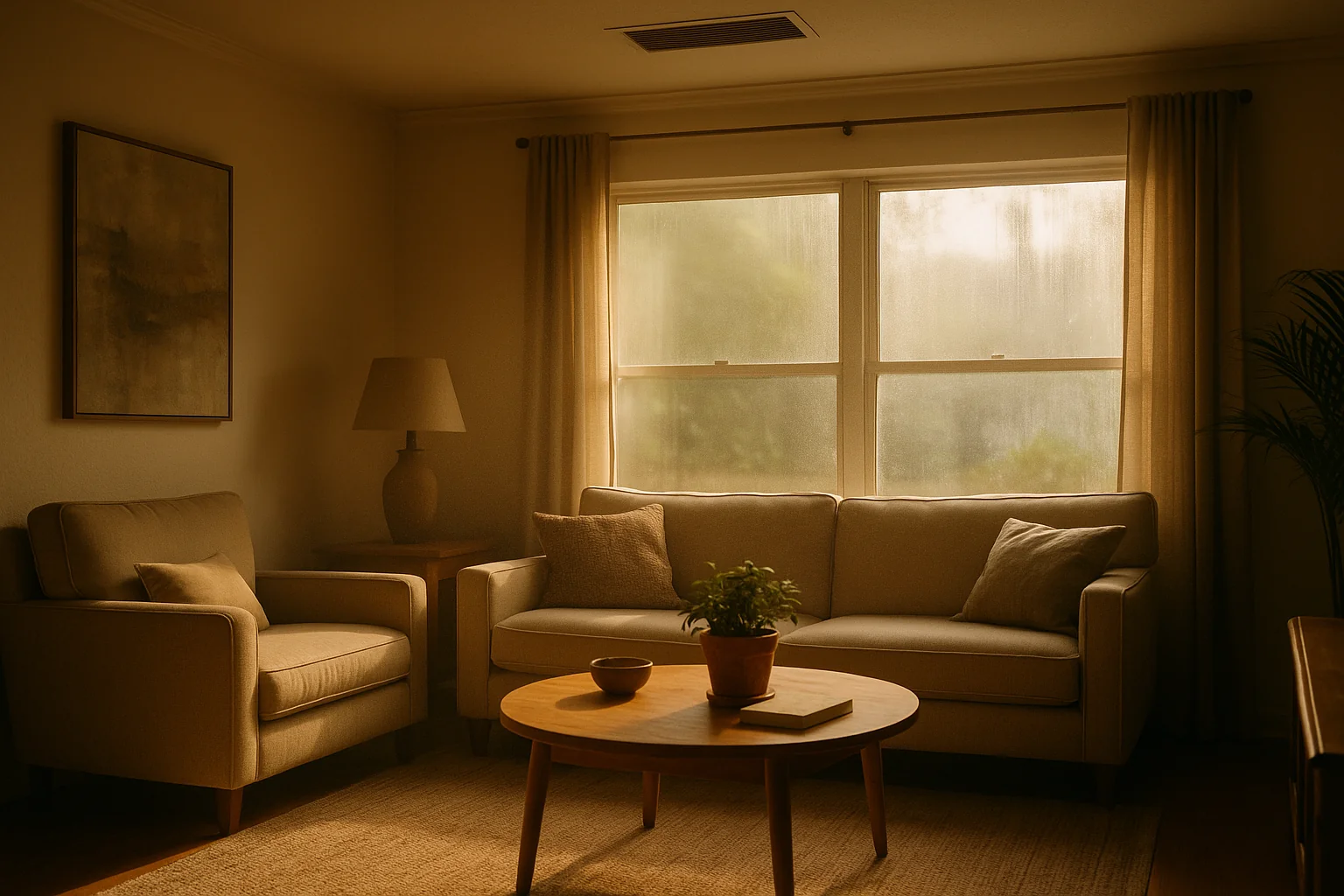 Warmly lit Central Florida living room with a ceiling air-conditioning register and hazy condensation on the window glass