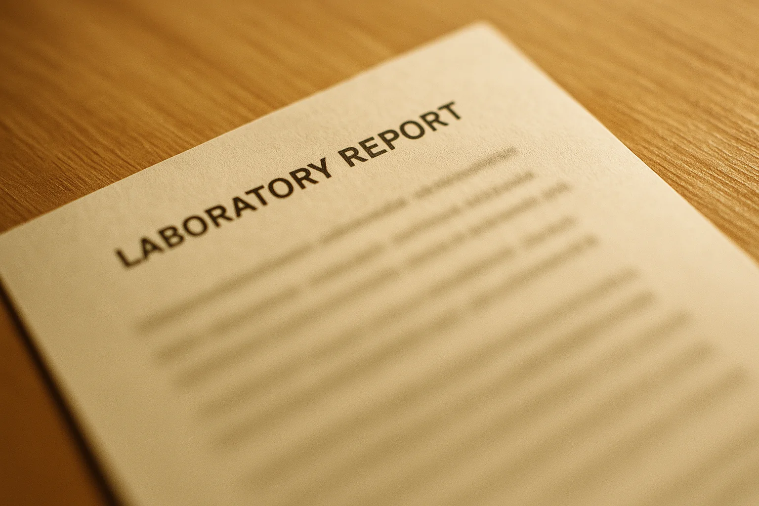 Printed laboratory report page on a wooden desk with the heading visible and body text out of focus