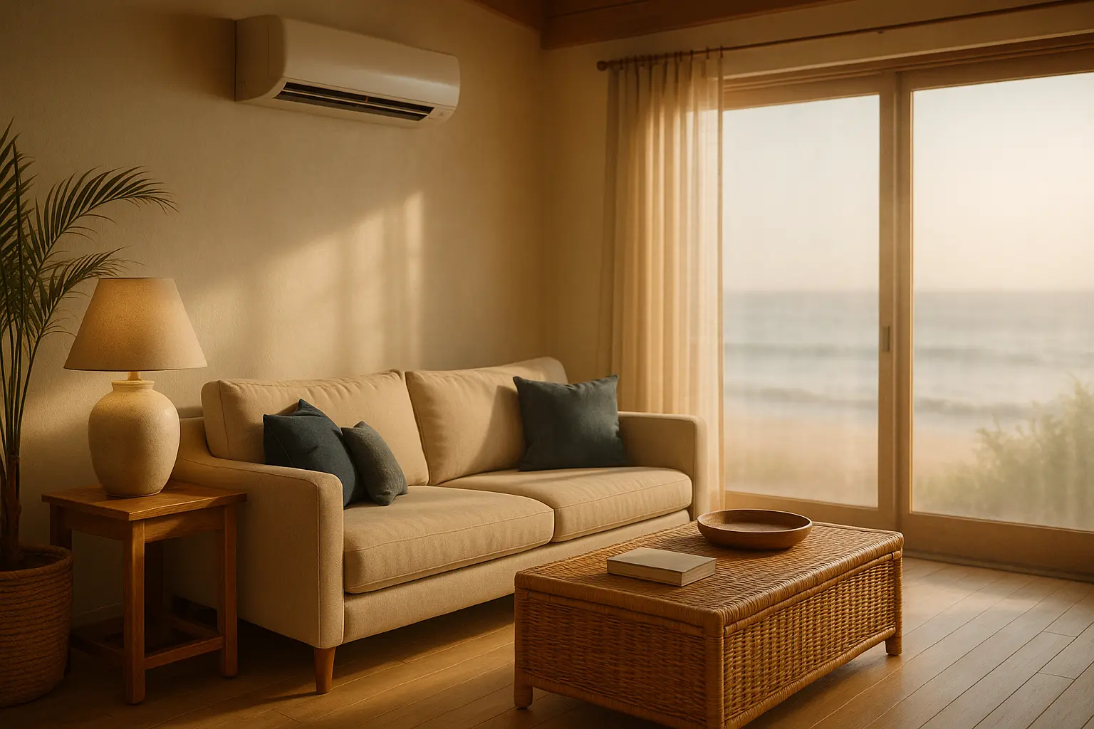Sunlit coastal Florida living room with wall air conditioning and a window overlooking the beach