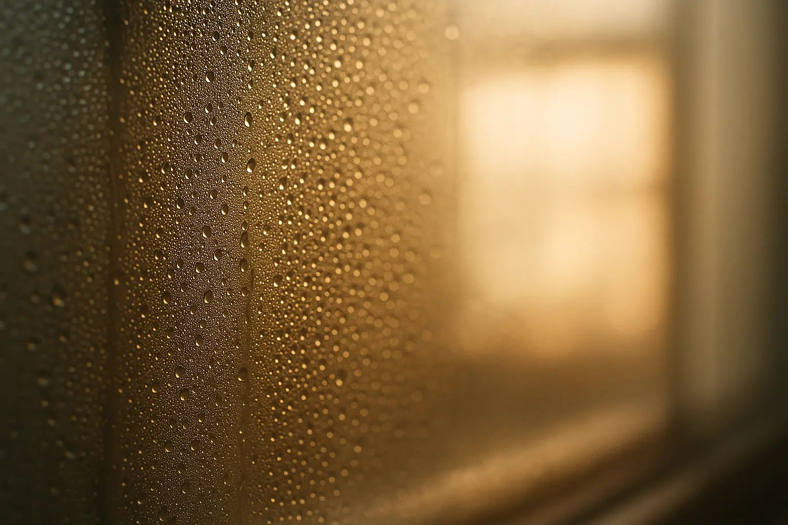 Condensation and water droplets on the inside of a window in warm light
