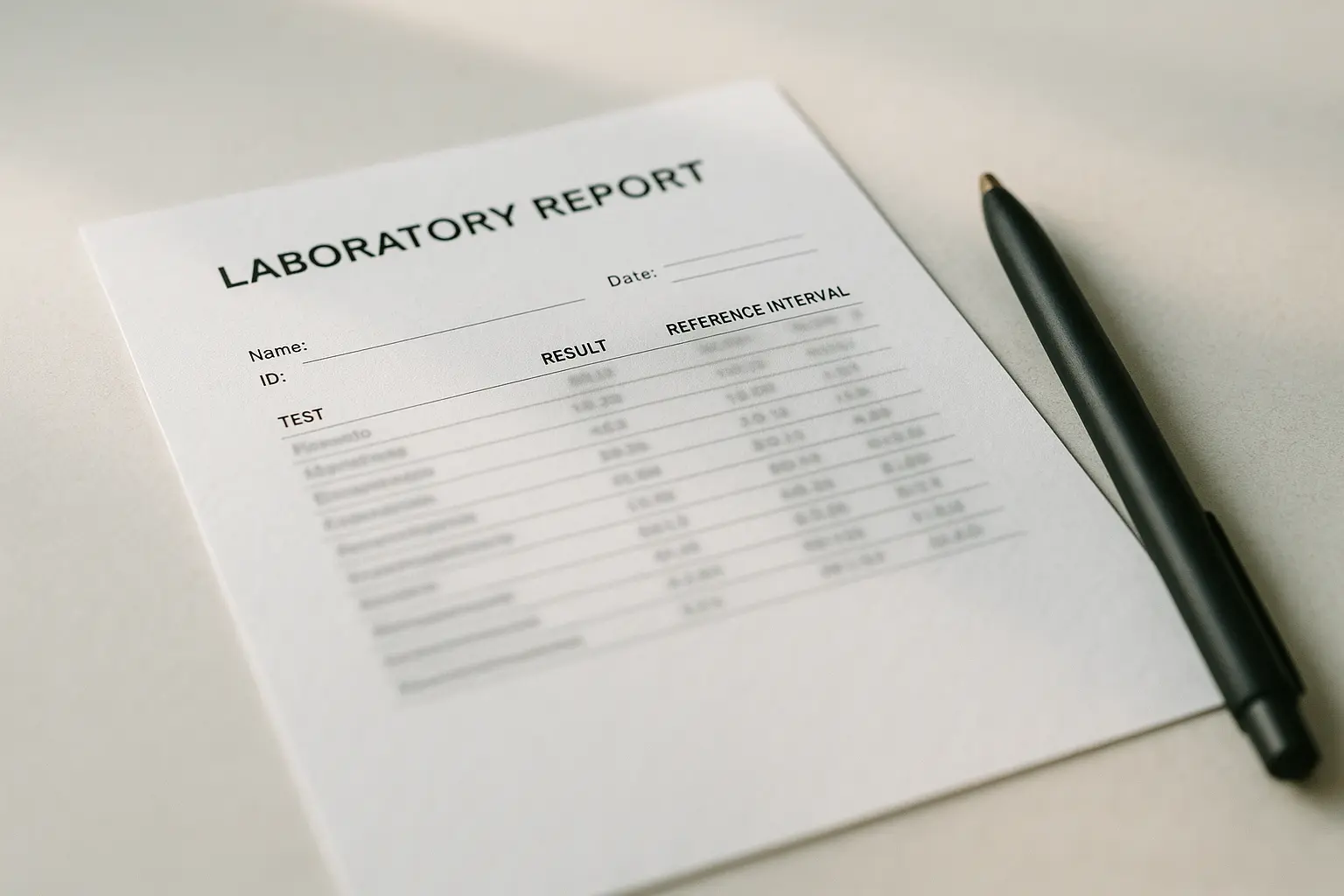 Printed laboratory report with indoor and outdoor result columns on a desk