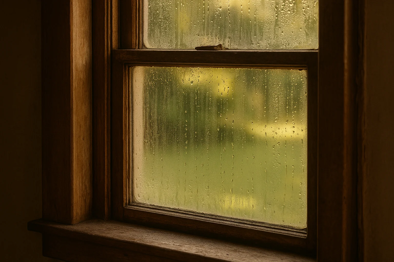Condensation and water droplets on the inside of a window in an older Florida home, warm light