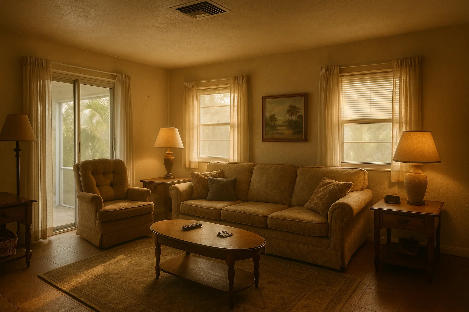 Older Stuart, Florida living room in warm coastal light with a ceiling air-conditioning register and a slight humidity haze