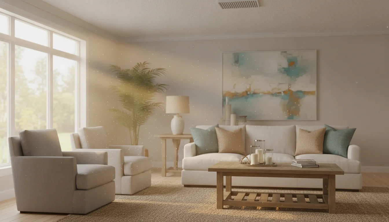 Bright, tidy Florida living room with a sofa, armchairs, and a ceiling air vent, sunlight through tall windows