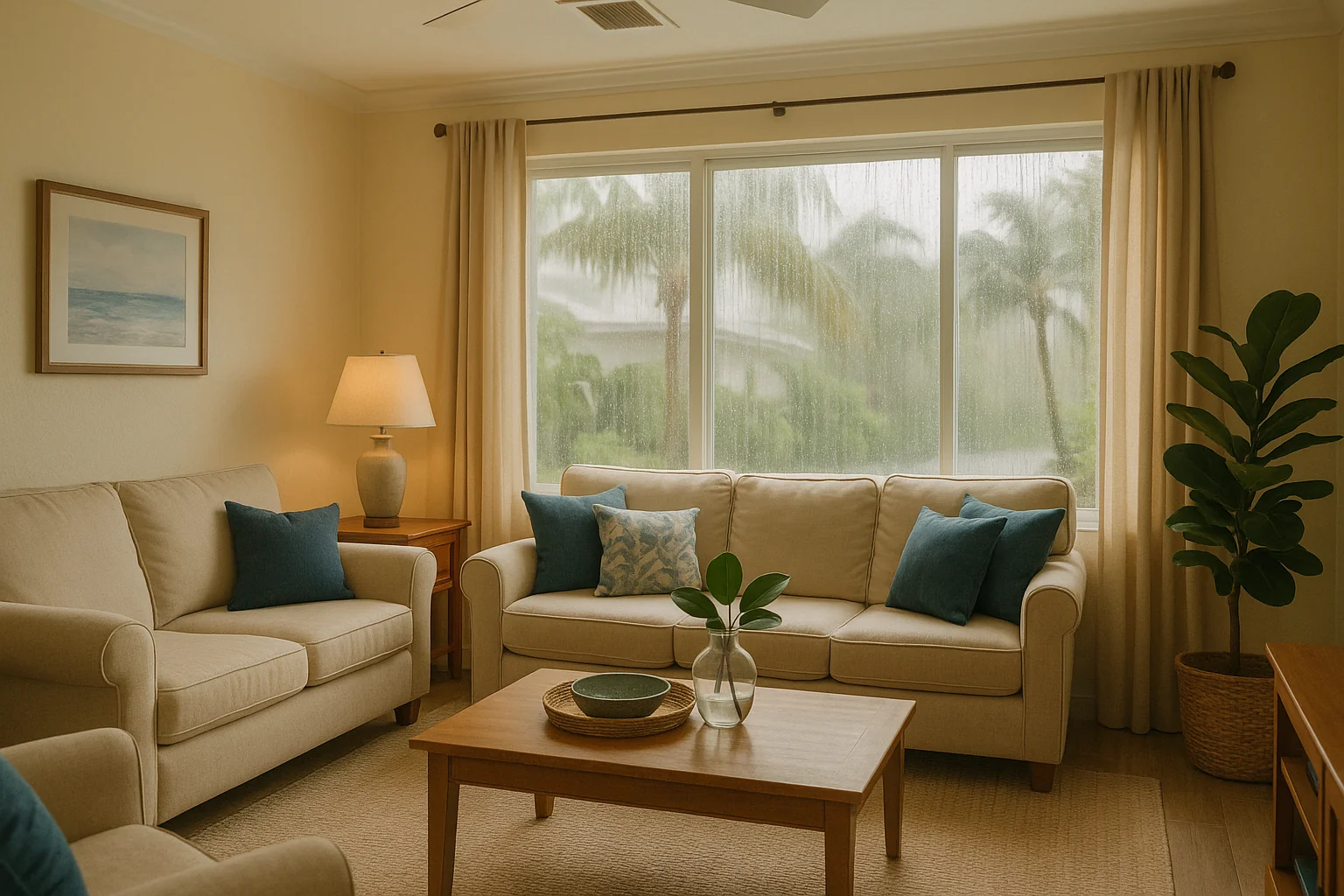 Sunlit Tampa Bay living room with central air conditioning ceiling registers and rain on the windows