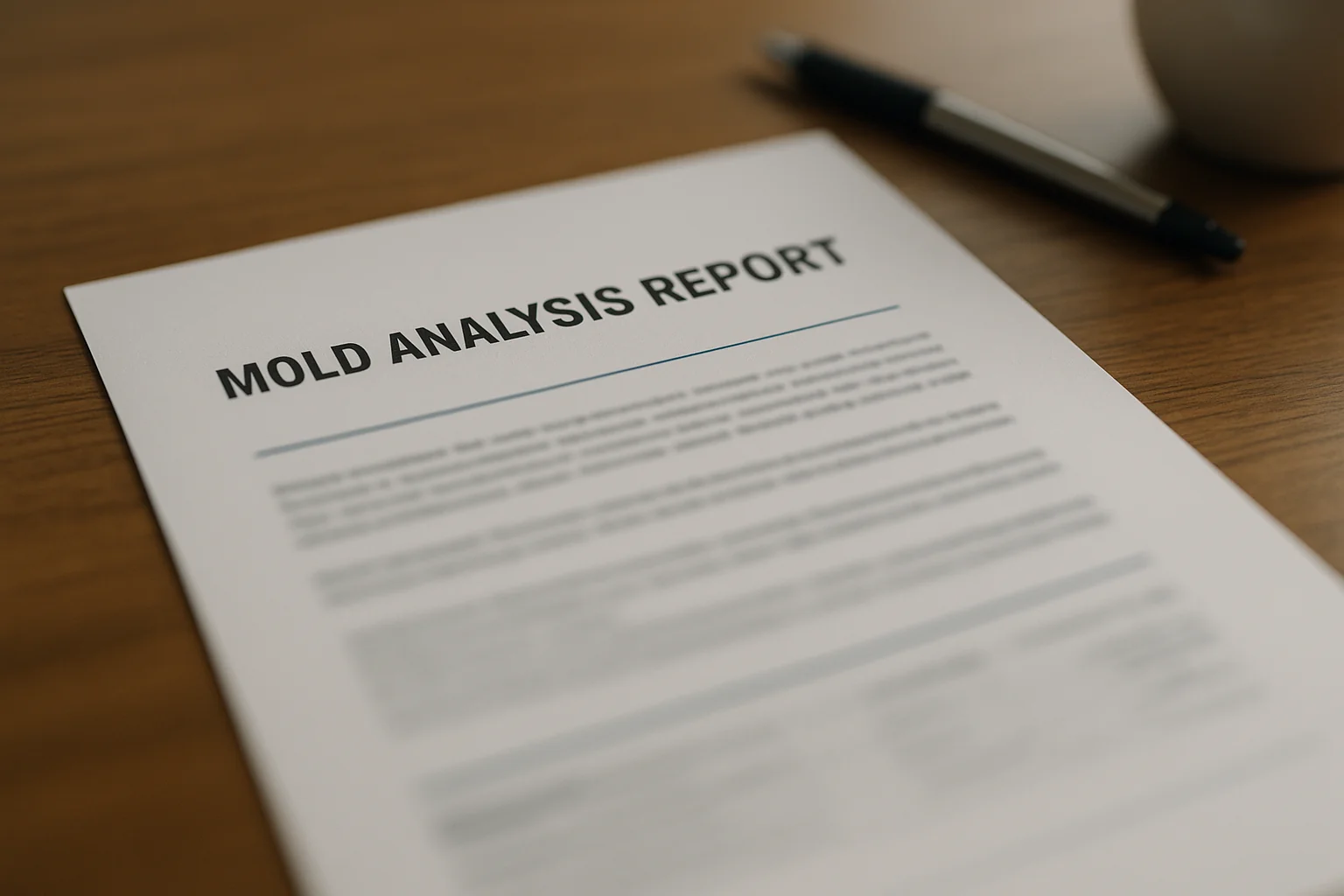 Printed document titled Mold Analysis Report with defocused body text on a desk beside a pen
