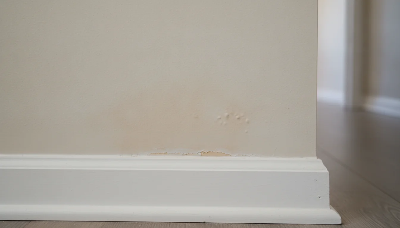Close-up of a water-stained wall and baseboard with a small patch of mold spotting