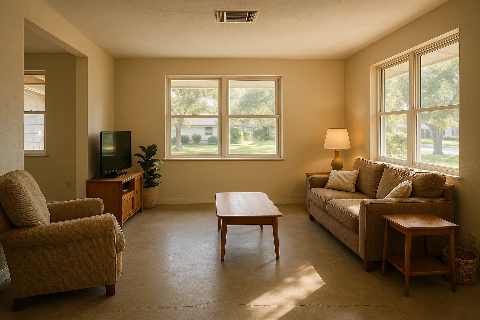 Sunlit ground-floor living room in a Tampa, Florida home with a ceiling air-conditioning register