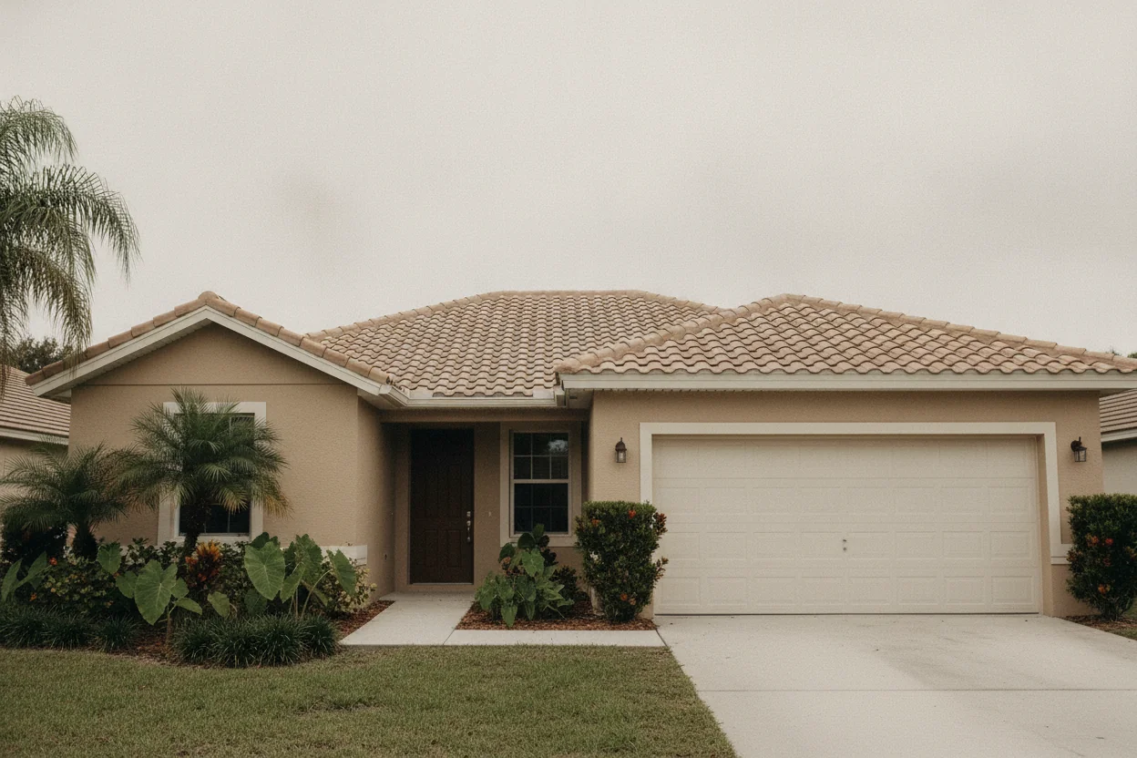 Single-story Florida home exterior with a tile roof, palm trees, and a two-car garage under an overcast sky