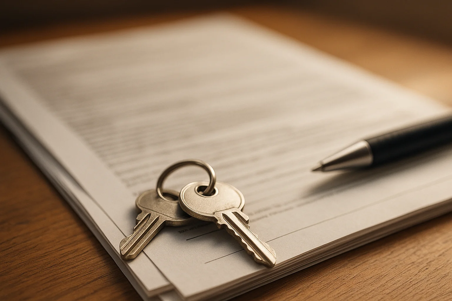 A set of house keys and a pen resting on printed closing paperwork on a desk, the document out of focus